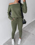 2 Pieces Outfit Long Sleeve Skew Neck Pullover Top and Drawstring Elastic Waist Slim Fit Pants Set green