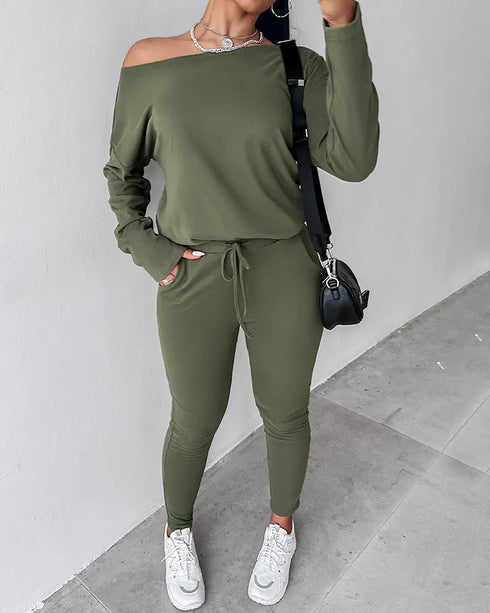 2 Piece Faith Geometric Print Outfit Long Sleeve Skew Neck Pullover Tops Stretchy Waist Pants Set Tracksuit green