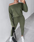 2 Pieces Outfit Long Sleeve Skew Neck Pullover Top and Drawstring Elastic Waist Slim Fit Pants Set green