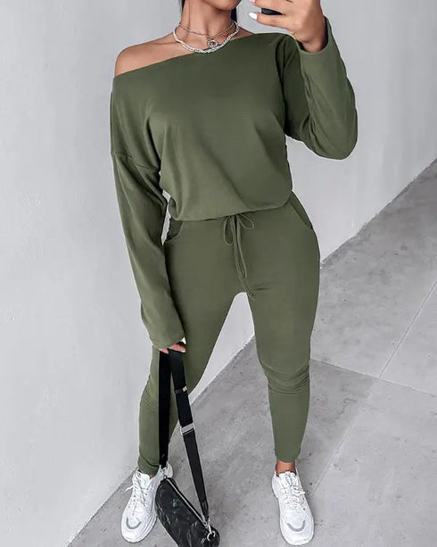 2 Piece Faith Geometric Print Outfit Long Sleeve Skew Neck Pullover Tops Stretchy Waist Pants Set Tracksuit green