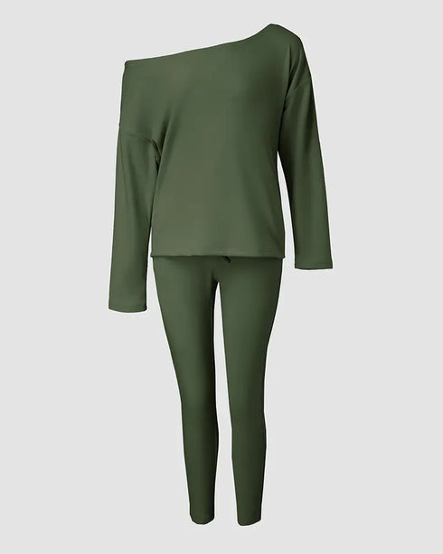 2 Pieces Outfit Long Sleeve Skew Neck Pullover Top and Drawstring Elastic Waist Slim Fit Pants Set green