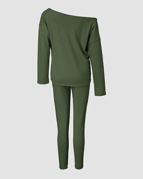 2 Pieces Outfit Long Sleeve Skew Neck Pullover Top and Drawstring Elastic Waist Slim Fit Pants Set green