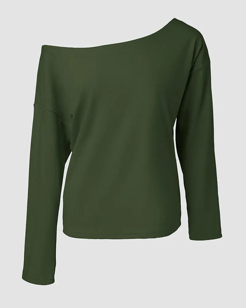 2 Pieces Outfit Long Sleeve Skew Neck Pullover Top and Drawstring Elastic Waist Slim Fit Pants Set green