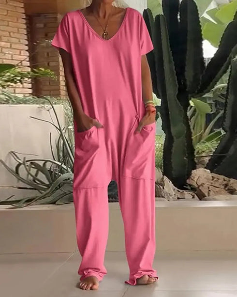 V-Neck High Stretch Tapered Drop-Crotch Casual Jumpsuit With Pockets pink