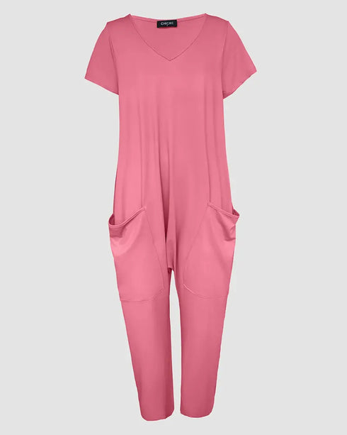 V-Neck High Stretch Tapered Drop-Crotch Casual Jumpsuit With Pockets pink