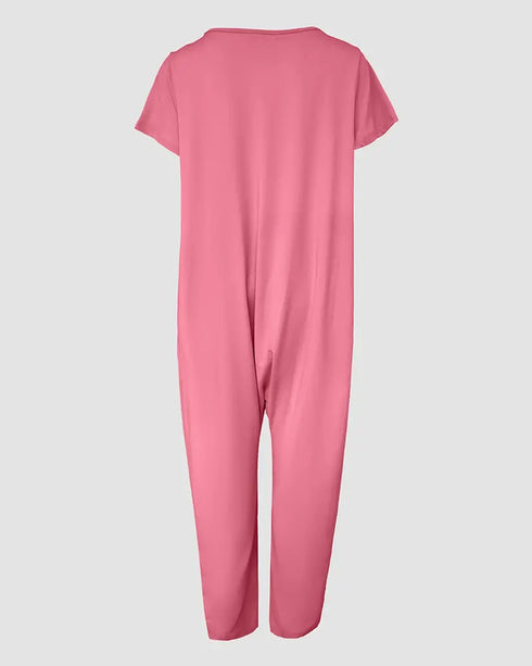 V-Neck High Stretch Tapered Drop-Crotch Casual Jumpsuit With Pockets pink