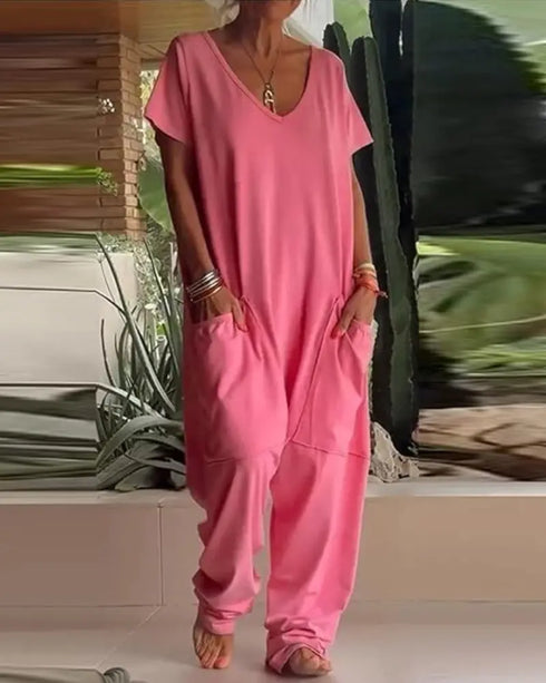 V-Neck High Stretch Tapered Drop-Crotch Casual Jumpsuit With Pockets pink