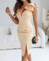 Bowknot Decor Deep V-Neck Sleeveless Slit Party Dress Ruched Zipper Back Slim Fit Midi Dress Apricot