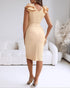 Bowknot Decor Deep V-Neck Sleeveless Slit Party Dress Ruched Zipper Back Slim Fit Midi Dress Apricot