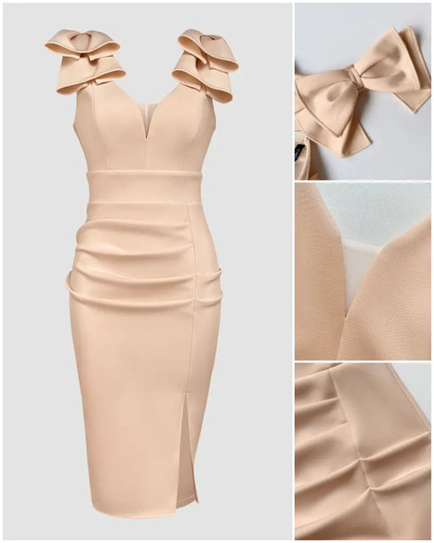 Bowknot Decor Deep V-Neck Sleeveless Slit Party Dress Ruched Zipper Back Slim Fit Midi Dress Apricot