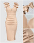 Bowknot Decor Deep V-Neck Sleeveless Slit Party Dress Ruched Zipper Back Slim Fit Midi Dress Apricot