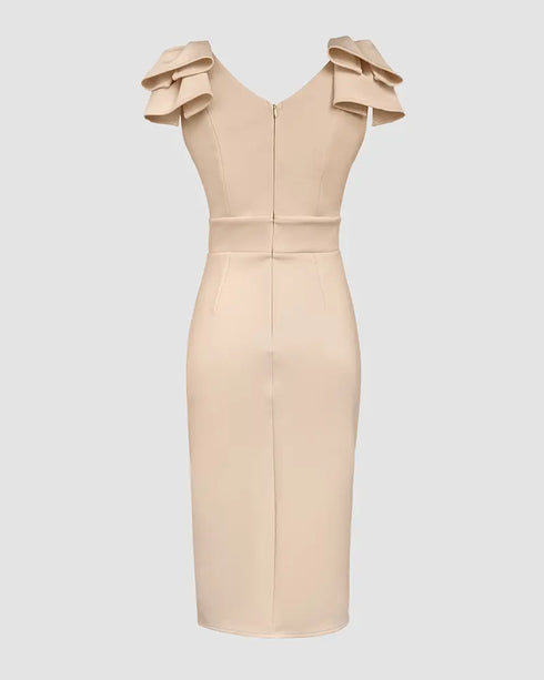 Bowknot Decor Deep V-Neck Sleeveless Slit Party Dress Ruched Zipper Back Slim Fit Midi Dress Apricot
