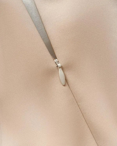 Bowknot Decor Deep V-Neck Sleeveless Slit Party Dress Ruched Zipper Back Slim Fit Midi Dress Apricot