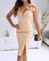 Bowknot Decor Deep V-Neck Sleeveless Slit Party Dress Ruched Zipper Back Slim Fit Midi Dress Apricot