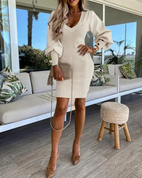 Puff Gigot Sleeve Buttoned Knit Bodycon Dress Apricot