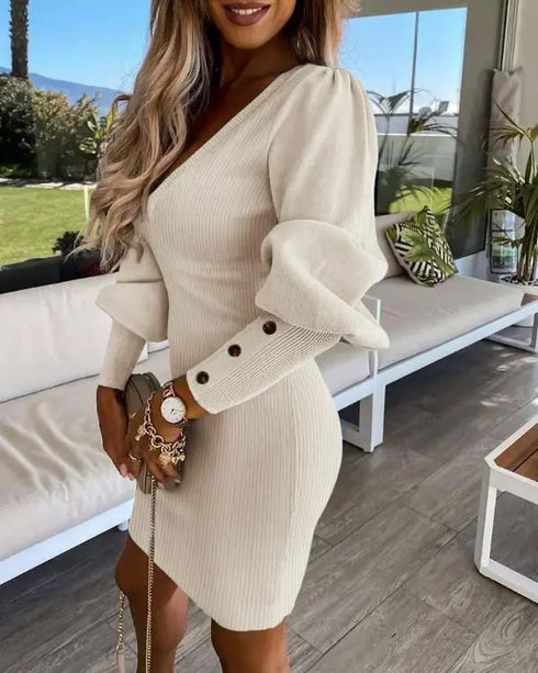 Puff Gigot Sleeve Buttoned Knit Bodycon Dress Apricot