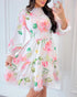 Floral Print Long Sleeve Lace Splicing Casual Cinched Waist Dress white