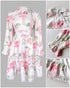 Floral Print Long Sleeve Lace Splicing Casual Cinched Waist Dress white