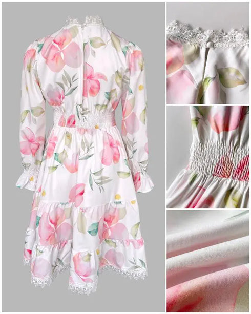 Floral Print Long Sleeve Lace Splicing Casual Cinched Waist Dress white