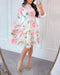 Floral Print Long Sleeve Lace Splicing Casual Cinched Waist Dress white