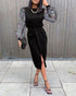 Contrast Sequin Lantern Sleeve Split Midi Dress black