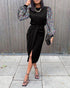 Contrast Sequin Lantern Sleeve Split Midi Dress black