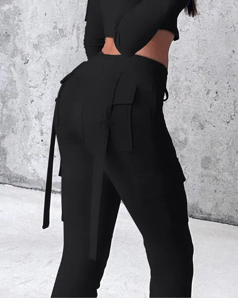 Drawstring Slit Pocket Design Sweatpants black