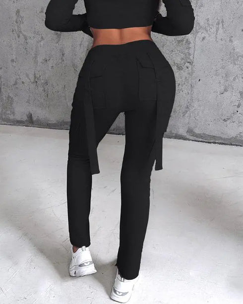 Drawstring Slit Pocket Design Sweatpants black