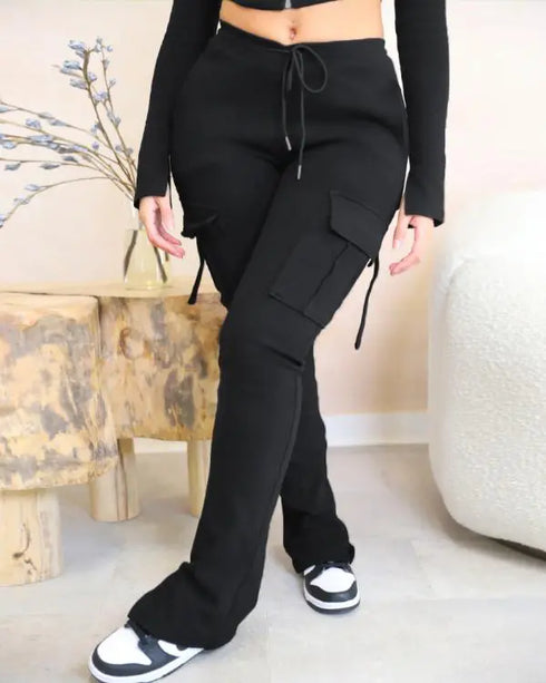 Drawstring Slit Pocket Design Sweatpants black