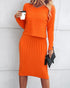 2 Piece Long Sleeve Cable Knit Sweater and V-Neck Slip Bodycon Midi Dress orange