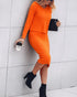 2 Piece Long Sleeve Cable Knit Sweater and V-Neck Slip Bodycon Midi Dress orange