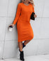 2 Piece Long Sleeve Cable Knit Sweater and V-Neck Slip Bodycon Midi Dress orange