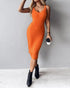 2 Piece Long Sleeve Cable Knit Sweater and V-Neck Slip Bodycon Midi Dress orange