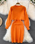 2 Piece Long Sleeve Cable Knit Sweater and V-Neck Slip Bodycon Midi Dress orange