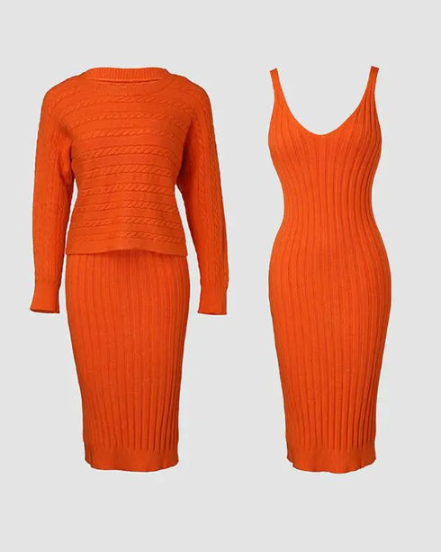 2 Piece Long Sleeve Cable Knit Sweater and V-Neck Slip Bodycon Midi Dress orange
