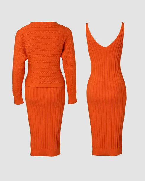 2 Piece Long Sleeve Cable Knit Sweater and V-Neck Slip Bodycon Midi Dress orange