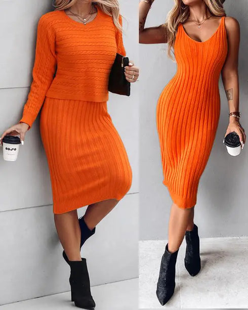 2 Piece Long Sleeve Cable Knit Sweater and V-Neck Slip Bodycon Midi Dress orange