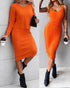 2 Piece Long Sleeve Cable Knit Sweater and V-Neck Slip Bodycon Midi Dress orange