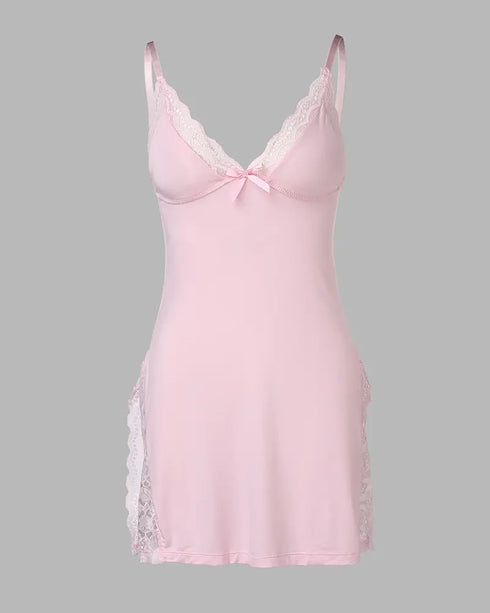 Ribbed V-Neck Spaghetti Strap Contrast Lace Bowknot Decor Mini Sleepdress Slit Nightgown pink