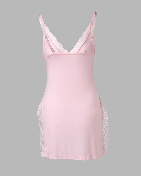 Ribbed V-Neck Spaghetti Strap Contrast Lace Bowknot Decor Mini Sleepdress Slit Nightgown pink