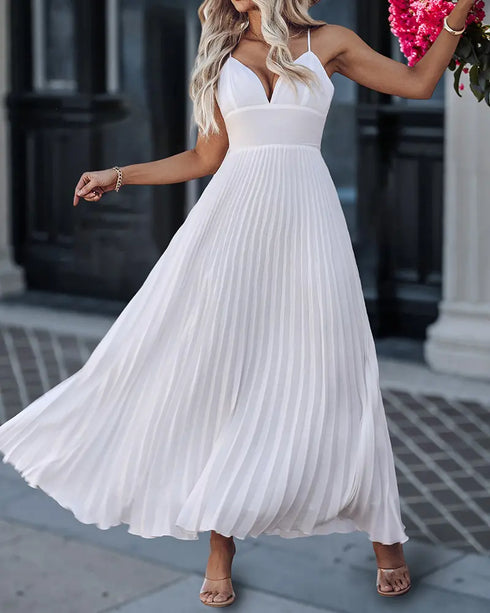 Deep V Neck Adjustable Spaghetti Straps Backless Pleated Dress Elegant Zipper Side Tie Back Maxi Dress white