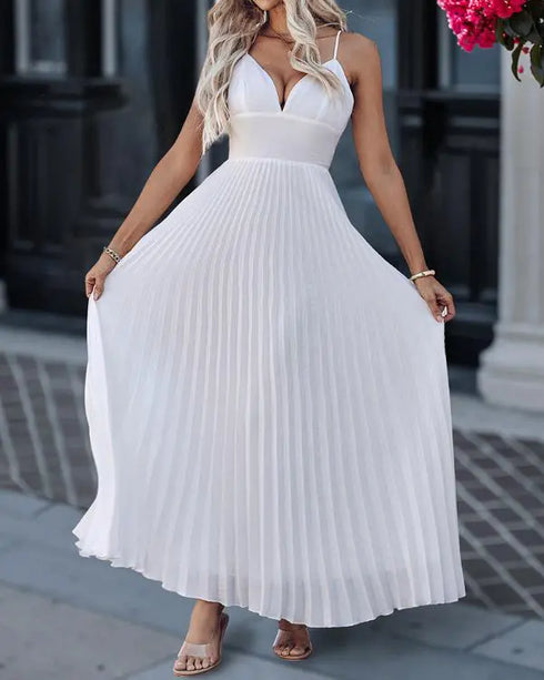 Deep V Neck Adjustable Spaghetti Straps Backless Pleated Dress Elegant Zipper Side Tie Back Maxi Dress white