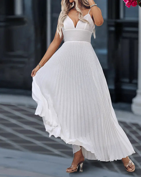 Deep V Neck Adjustable Spaghetti Straps Backless Pleated Dress Elegant Zipper Side Tie Back Maxi Dress white