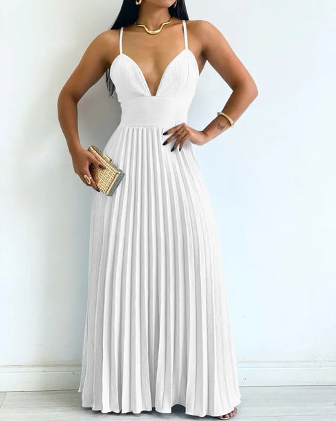 Deep V Neck Adjustable Spaghetti Straps Backless Pleated Dress Elegant Zipper Side Tie Back Maxi Dress white