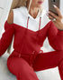 2 Pieces Outfit Colorblock Cold Shoulder Long Sleeve Drawstring Hoodie Top and Casual Contrast Striped Decor Elastic Waist Jogger Pants Set red