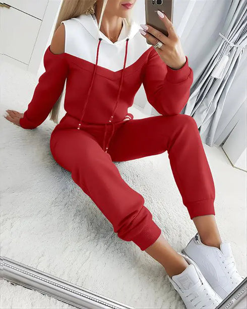 2 Pieces Outfit Colorblock Cold Shoulder Long Sleeve Drawstring Hoodie Top and Casual Contrast Striped Decor Elastic Waist Jogger Pants Set red