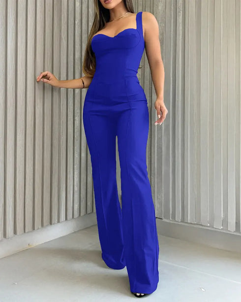 Sweatheart Neck Thick Strap Backless Lace-up Back Overalls Casual Seam Front Wide Leg Jumpsuit blue