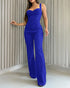 Sweatheart Neck Thick Strap Backless Lace-up Back Overalls Casual Seam Front Wide Leg Jumpsuit blue