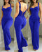 Sweetheart Neck Sequin Floral Mesh Sleeves Lace-up Back Jumpsuit Casual Backless Seam Front Flared Jumpsuit blue