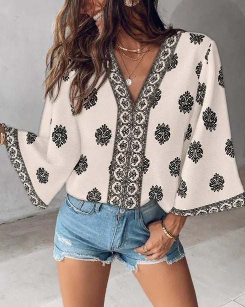 Floral Print V Neck Long Sleeve Blouse Casual Loose Fit Top Apricot
